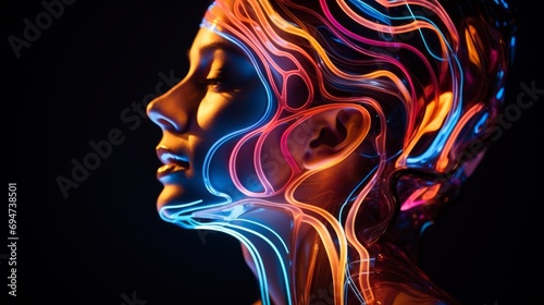 The face of a young woman in vivid neon lamps and neon light.
