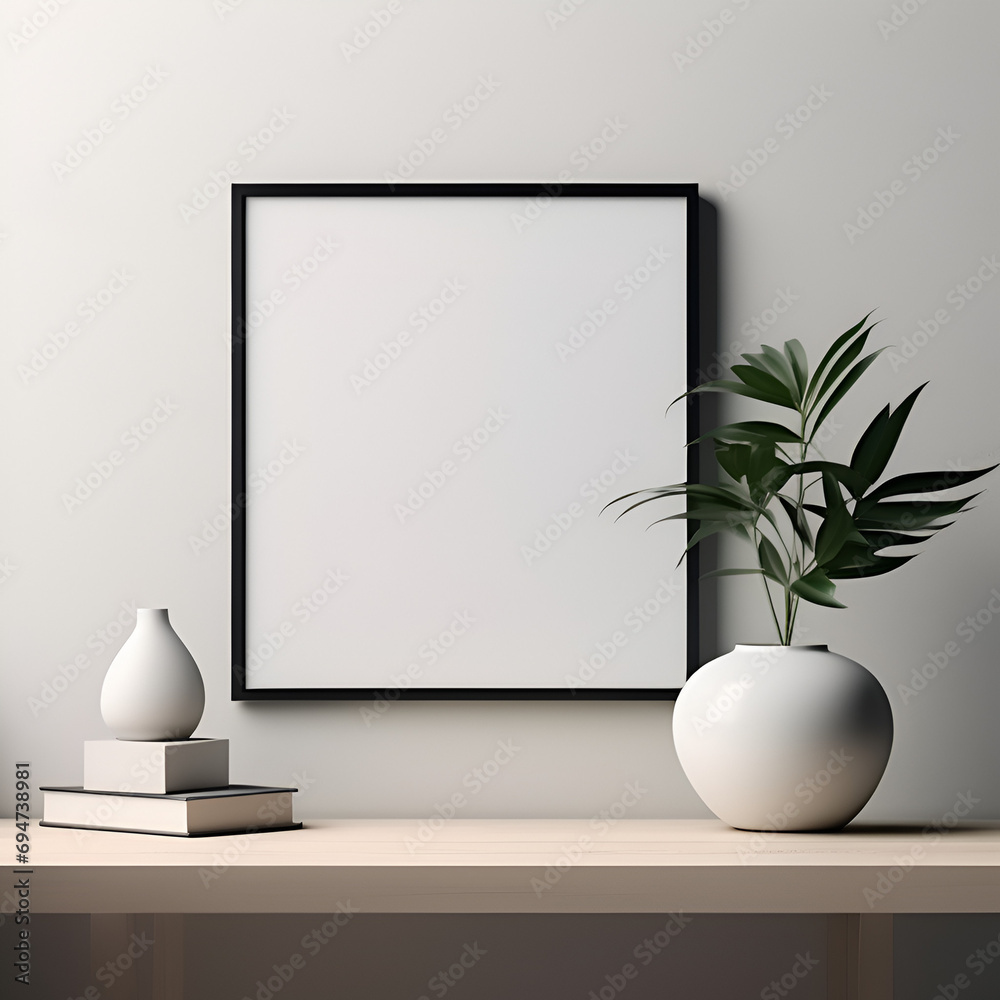 the layout of a square frame in a modern minimalist interior with a plant on a white wall background