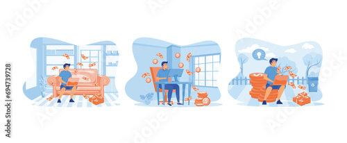 Man sitting on sofa with laptop computer and dollar bills raining down, Freelancers make money from home, Online income from freelance work. Earning money set flat vector modern illustration