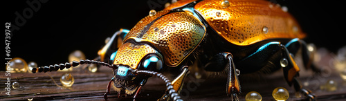 Close-Up Of A Beetle With A Golden Shell. Illustration On The Theme Of Insects, Microcosm, Organisms And Nature. Generative AI