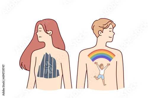 Man and woman with different inner worlds and states of mind that affect psychological health. Small crying child in girl soul and cheerful boy in guy soul evoke different emotions or behavior