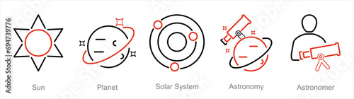 A set of 5 Astronomy icons as sun, planet, solar system