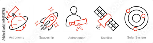 A set of 5 Astronomy icons as astronomy, spaceship, astronomer