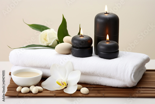 Wellness Decoration  Spa Massage Setting with Oil  Stones  and Towel for Relaxing Moments Created with Generative AI Tools