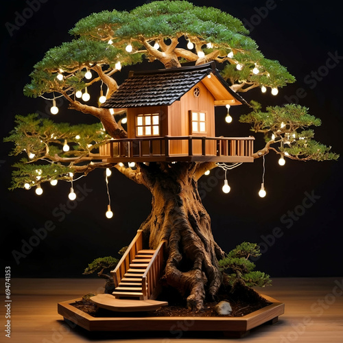 Beautiful bonsai tree, the shape of a house on wooden. string lights at night.  AI generated.