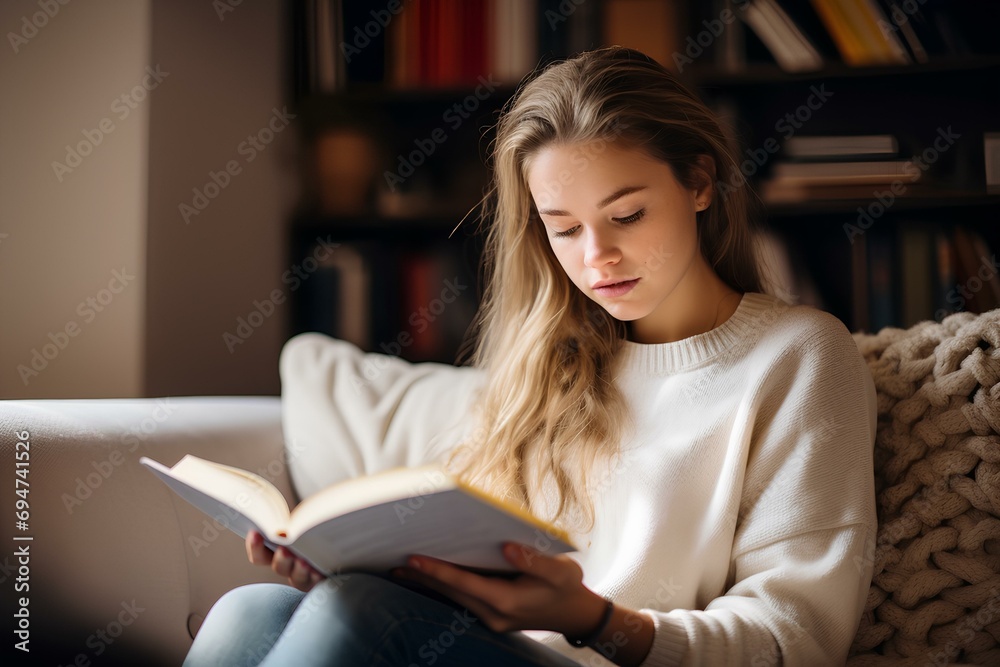 a beautiful teenage girl relaxing on a couch at home, engrossed in a book. generative AI a beautiful teenage girl relaxing on a couch at home, engrossed in a book. generative AI