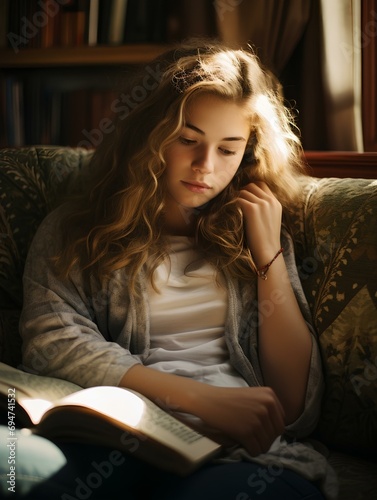 a beautiful teenage girl relaxing on a couch at home, engrossed in a book. generative AI