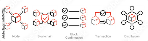 A set of 5 Blockchain icons as node, blockchain, block confirmation