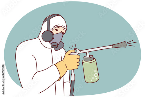 Man in protective uniform spraying pesticide to kill insects and rodents. Male exterminator or pest control worker in suit doing disinfection. Vector illustration.