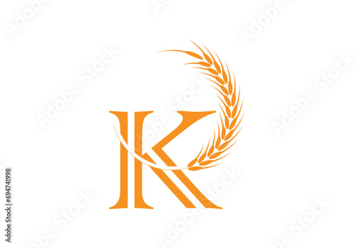 Initial K Letter with Wheat Grain for Bakery, Bread, Cake, Café, Pastry, Healthy Food, Cafeteria, Home Industries Business Logo Vector Idea