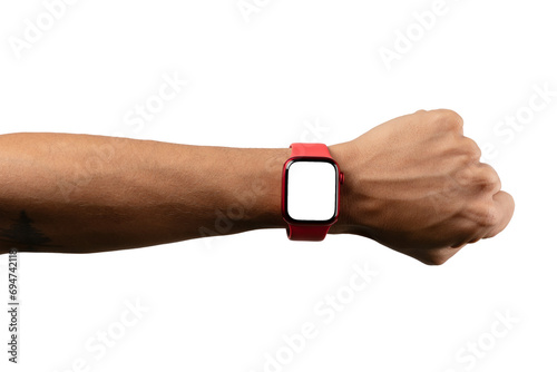 black male arm wearing and showing red smartwatch with blank screen isolated