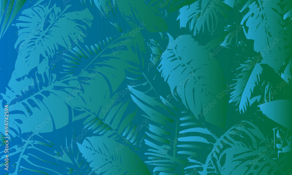 Colorful gradient grunge background. Tropical leaves. Vector
