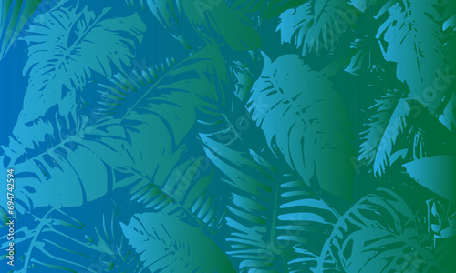 Colorful gradient grunge background. Tropical leaves. Vector