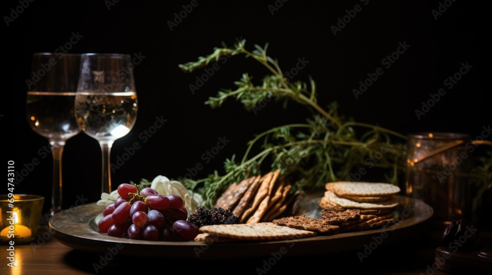 A close-up of a Seder plate holding symbolic foods like charoset, bitter herbs, and a shank bone, with a background of matzah and wine glasses, capturing the essence of Passover rituals,