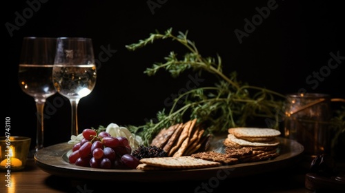 A close-up of a Seder plate holding symbolic foods like charoset  bitter herbs  and a shank bone  with a background of matzah and wine glasses  capturing the essence of Passover rituals 