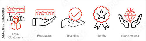 A set of 5 Branding icons as loyal customer, reputation, branding