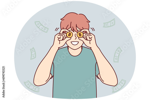 Smiling young man with bitcoins excited with revenue or income. Happy male investor or financier overjoyed with successful rate or investment. Vector illustration.