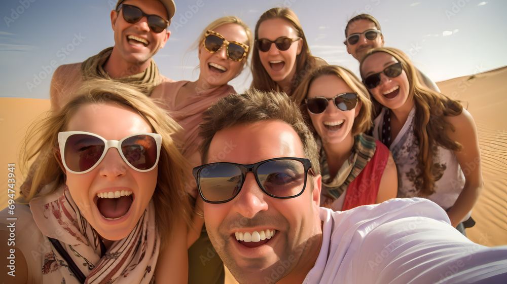 Selfie of exuberant tourists reveling in a collective camel ride through the desert. Selfie of exuberant tourists reveling in a collective camel ride through the desert.