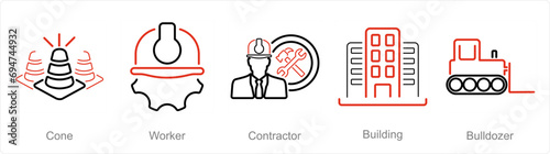 A set of 5 Build icons as cone, worker, contractor