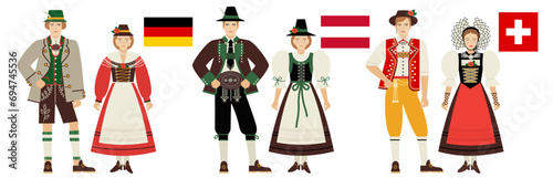 flags and costumes of German-speaking countries of Western Europe