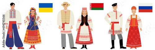 flags and national costumes of the Eastern Slavs. couples of young people in national, traditional clothes of Ukraine, Belarus, Russia, highlighted on a white background. a flat drawing. EPS 10