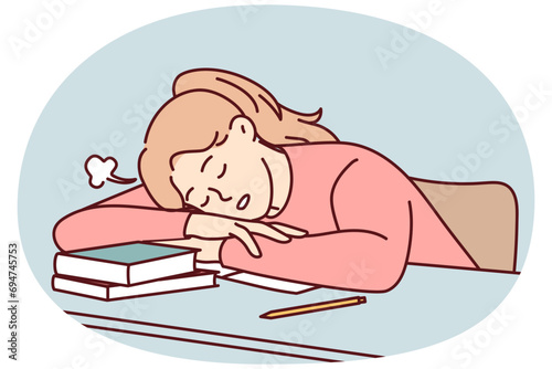 Tired young female student fall asleep on desk distressed with studying. Exhausted girl sleep on table suffer from exhaustion and fatigue learning. Vector illustration.