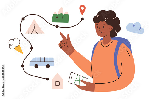 Woman traveler planning route, making itinerary online, travel app on smartphone hand drawn composition, doodle icons of map and waypoints, vector illustration of traveling guide, journey plan concept