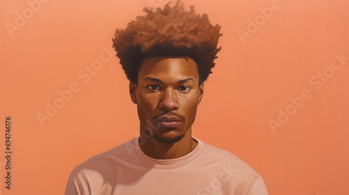Portrait of a handsome African American male model wearing a pink sweatshirt on an orange background. Fashion  Peach Fuzz  trends of 2024 concepts.
