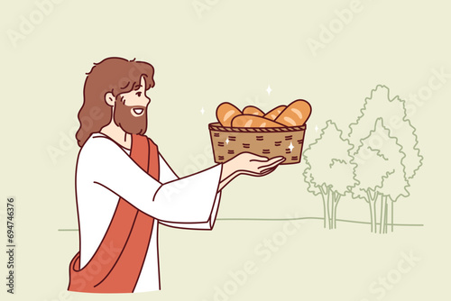 Jesus carries bread in basket, fulfilling biblical prediction from christian religion about second coming. Holy jesus wants to feed people and save starving catholic and orthodox believers