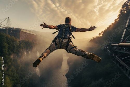 Man bungee jumping. Freedom view. Generate Ai photo