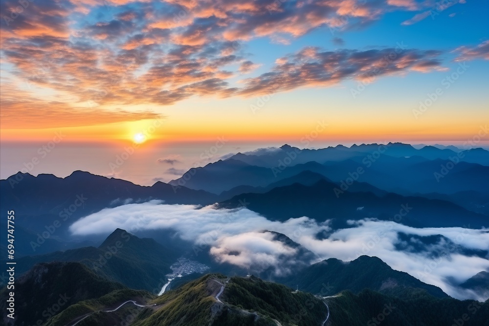 Aerial view of sunrise over the mountains, foggy and cloudy, clouds, mountain peaks