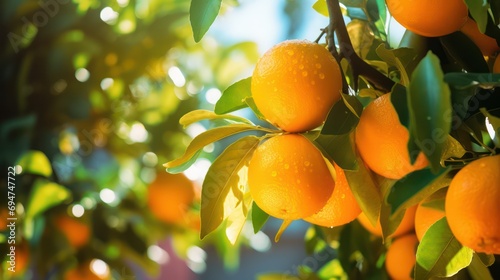 A cluster of fresh, ripe oranges hanging from a tree in an orange grove, capturing the essence of a bountiful harvest day