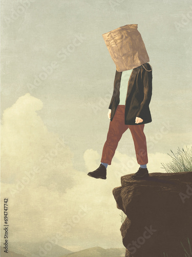 Illustration of man with paper bag over head, failure surreal concept
