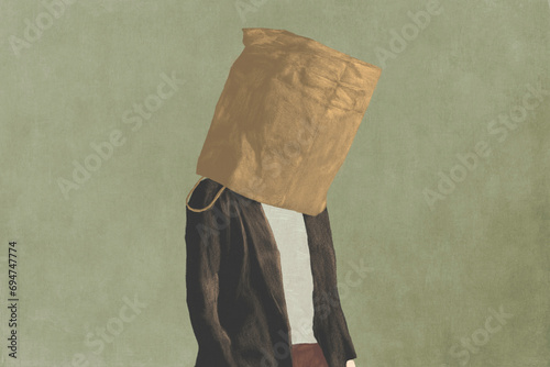 Illustration of blind man with paperboy over head, surreal minimal portrait