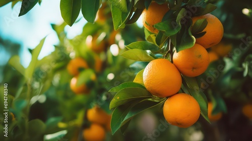 Ripe oranges adorning a tree in an orange grove, symbolizing the fruitful harvest day of these succulent fruits photo