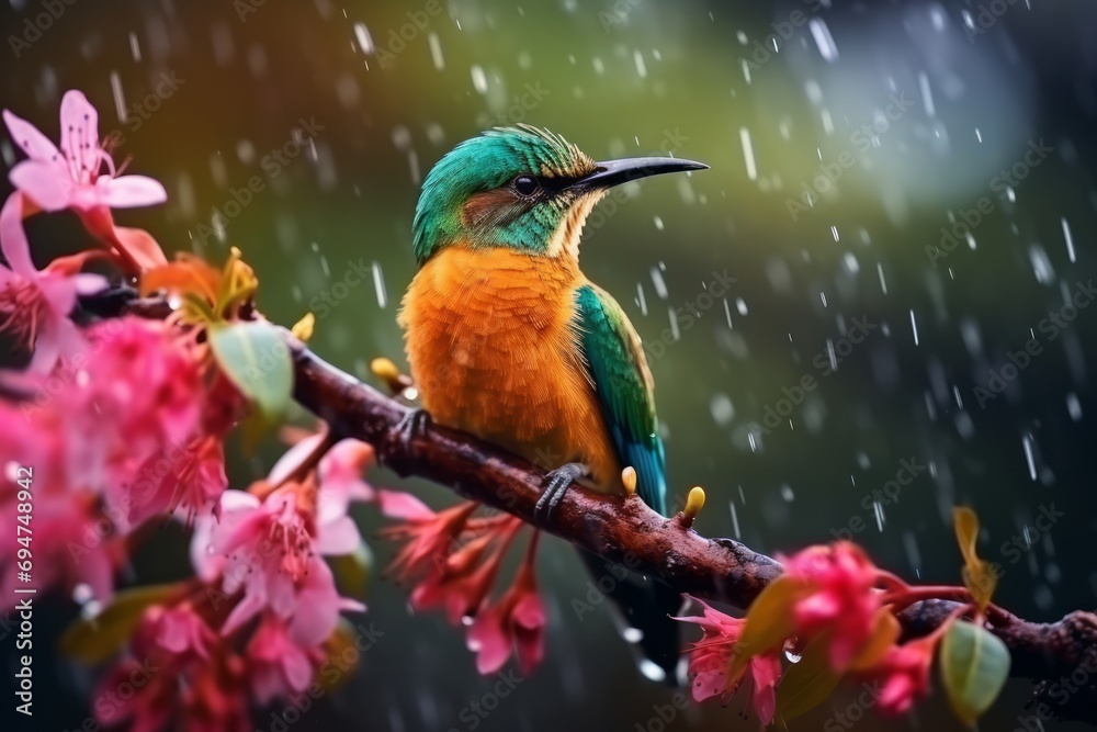 Fototapeta premium Macro shot of colorful tropical bird on a pink blooming tree brunch on a rainy weather.