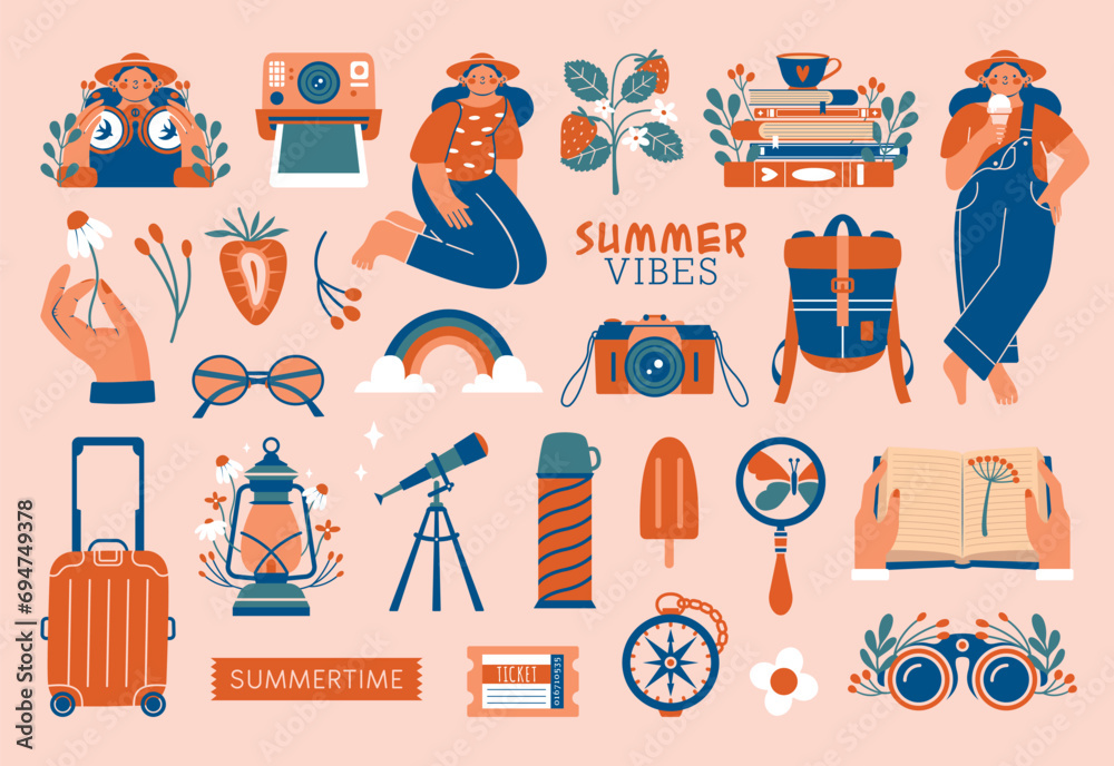 Summer adventure set clip arts. Cute vector illustrations about summertime, travels with girl in hat, polaroid, camera, suitcase, rainbow, backpack, hand holding flower, ice cream, books. For stickers - obrazy, fototapety, plakaty 