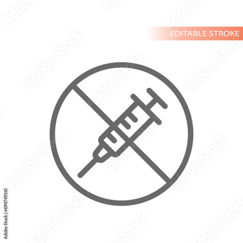 No drugs sign vector line icon. No hormones, no antibiotics with syringe sign.