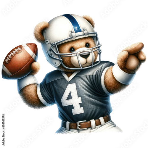 watercolor American Football Teddy Bear Clipart, sports bears, toddler football, nursery decor, kids sports art, printable illustration cut out transparent isolated on white background ,PNG file