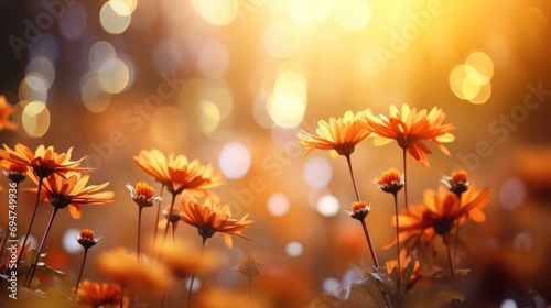 Bright orange autumn leaves and autumn flowers background. Presentation with golden sunlight © Matthew