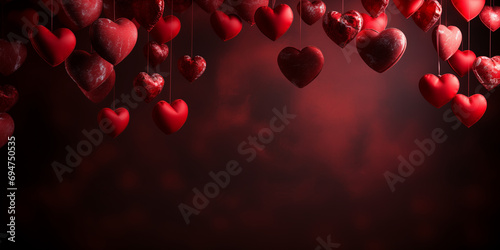 Valentine's day, 14 february theme banner. Love and romance background. Red wall with heart shapes. Space for text. photo