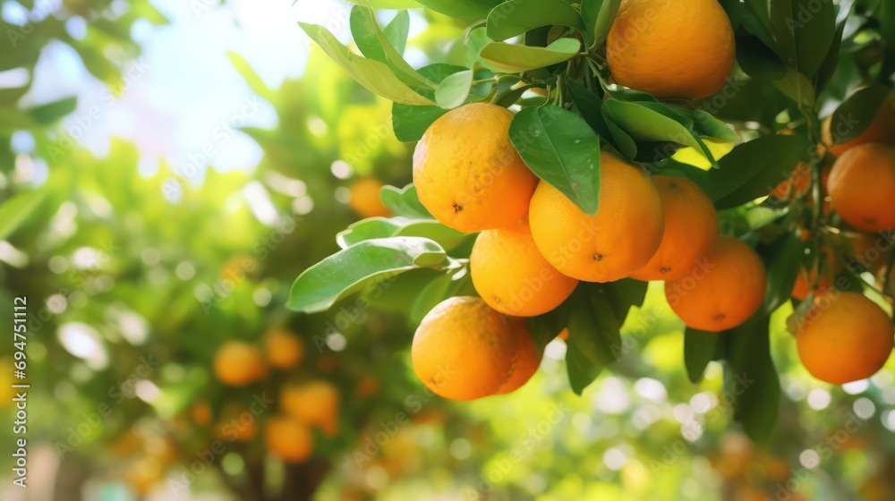 Bunch of fresh ripe oranges hanging on a tree in an orange grove. Orange fruit harvest day