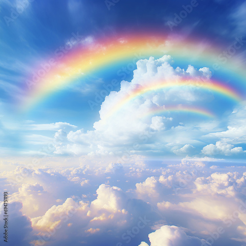 Beautiful rainbow in the blue sky over clouds. 3d illustration.