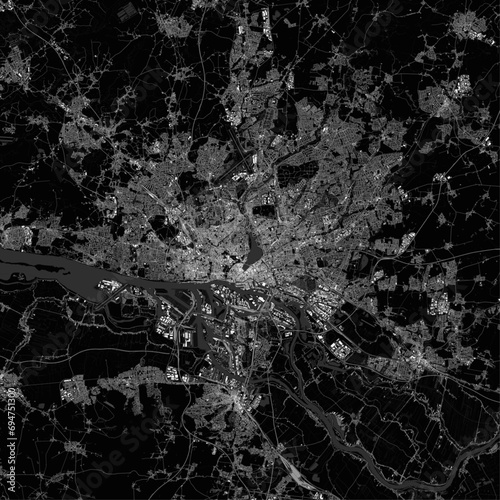 Hamburg map. Detailed dark map of Hamburg (Germany). Natural features (lakes, rivers), various types of roads and buildings are grouped separately.