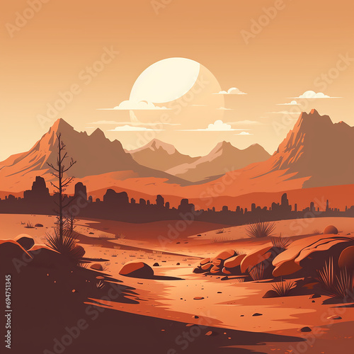 Desert landscape with mountains and river. illustration in cartoon style