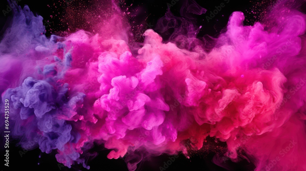 Pink and purple powder explosion on a black background. Splashes of Holi paint powder in feminine colors of violet and pink - obrazy, fototapety, plakaty 