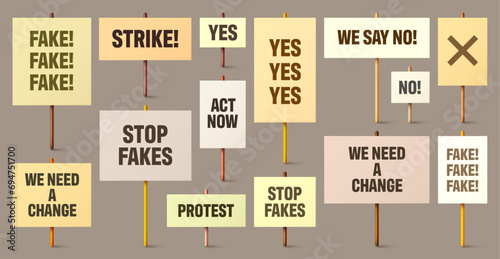 Colorful protest signs with slogan on wooden holder. Realistic vector demonstration banner. Strike action cardboard placard mockup