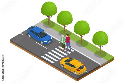 Isometric concept of helping the elderly in the city. A man helps an old woman cross the road at a pedestrian crossing