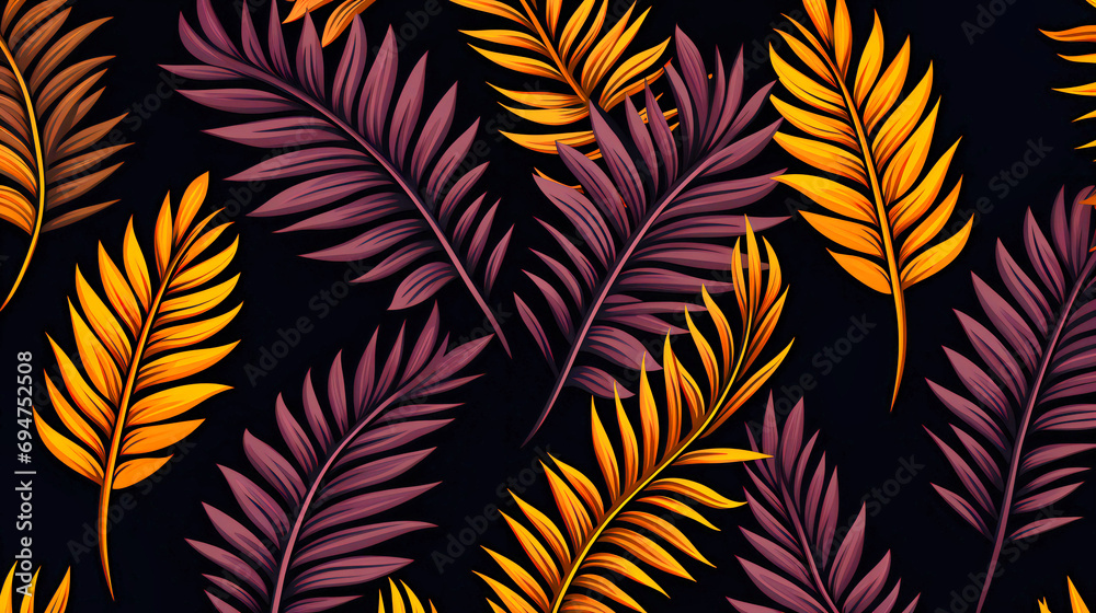 Elegant Dance of Warm Golden and Deep Purple Feathers on a Mysterious Black Background Elegant Dance of Warm Golden and Deep Purple Feathers on a Mysterious Black Background