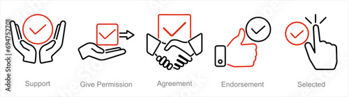 A set of 5 Checkmark icons as support, give permission, agreement